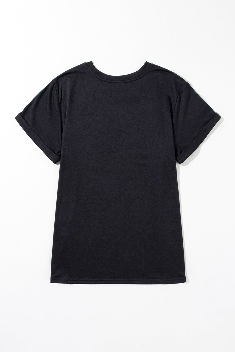 Black Round Neck Rolled Sleeve Plus Size T-shirt