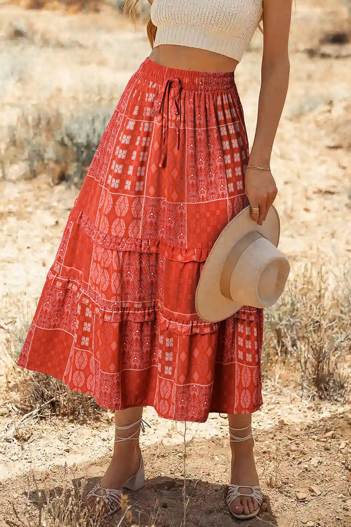 Red Bohemian Mix Print Long Flared Skirt