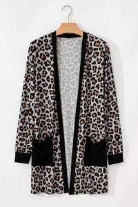 Black Leopard Patched Pocket Open Front Cardigan