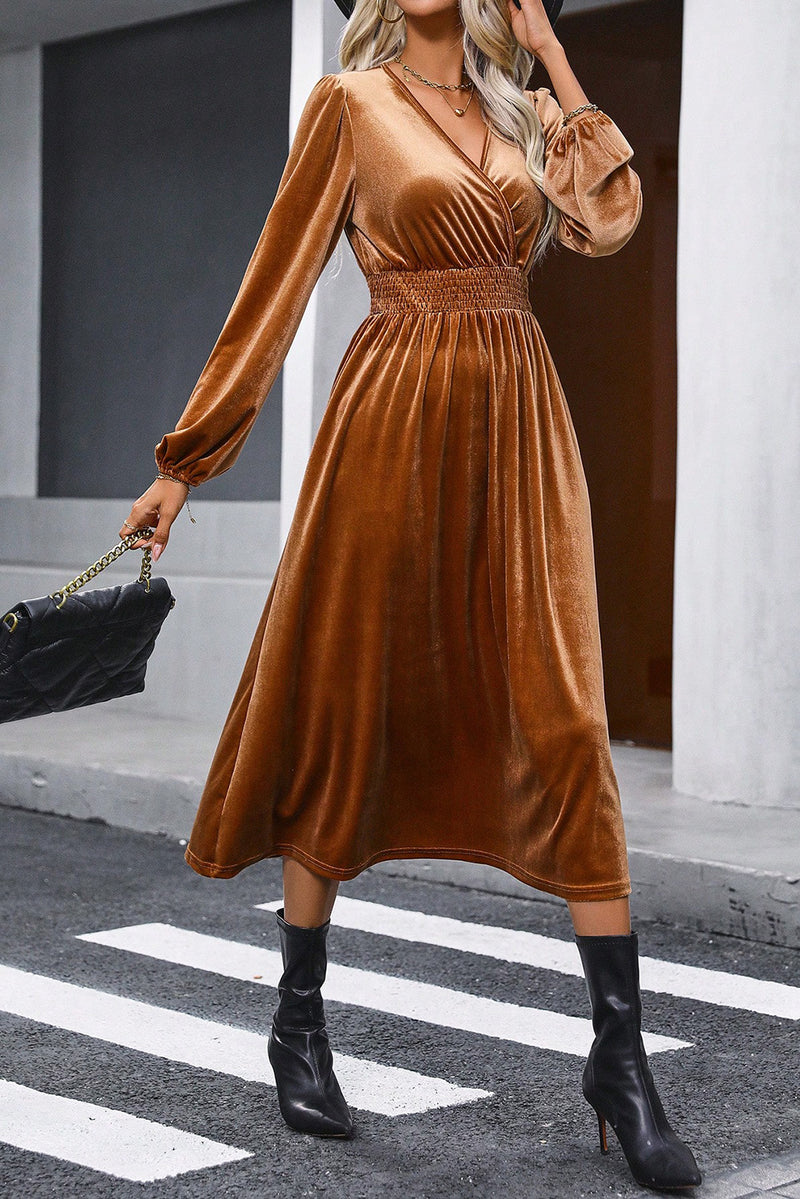 Camel Surplice V Neck Balloon Sleeve Velvet Dress