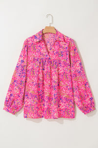 Purple Plus Size Floral Print Puff Sleeve V Neck Blouse